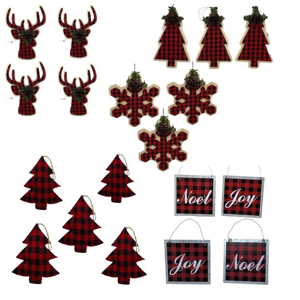 19 Farmhouse Christmas Ornaments Red Black Plaid‎ Variety Lot-All New